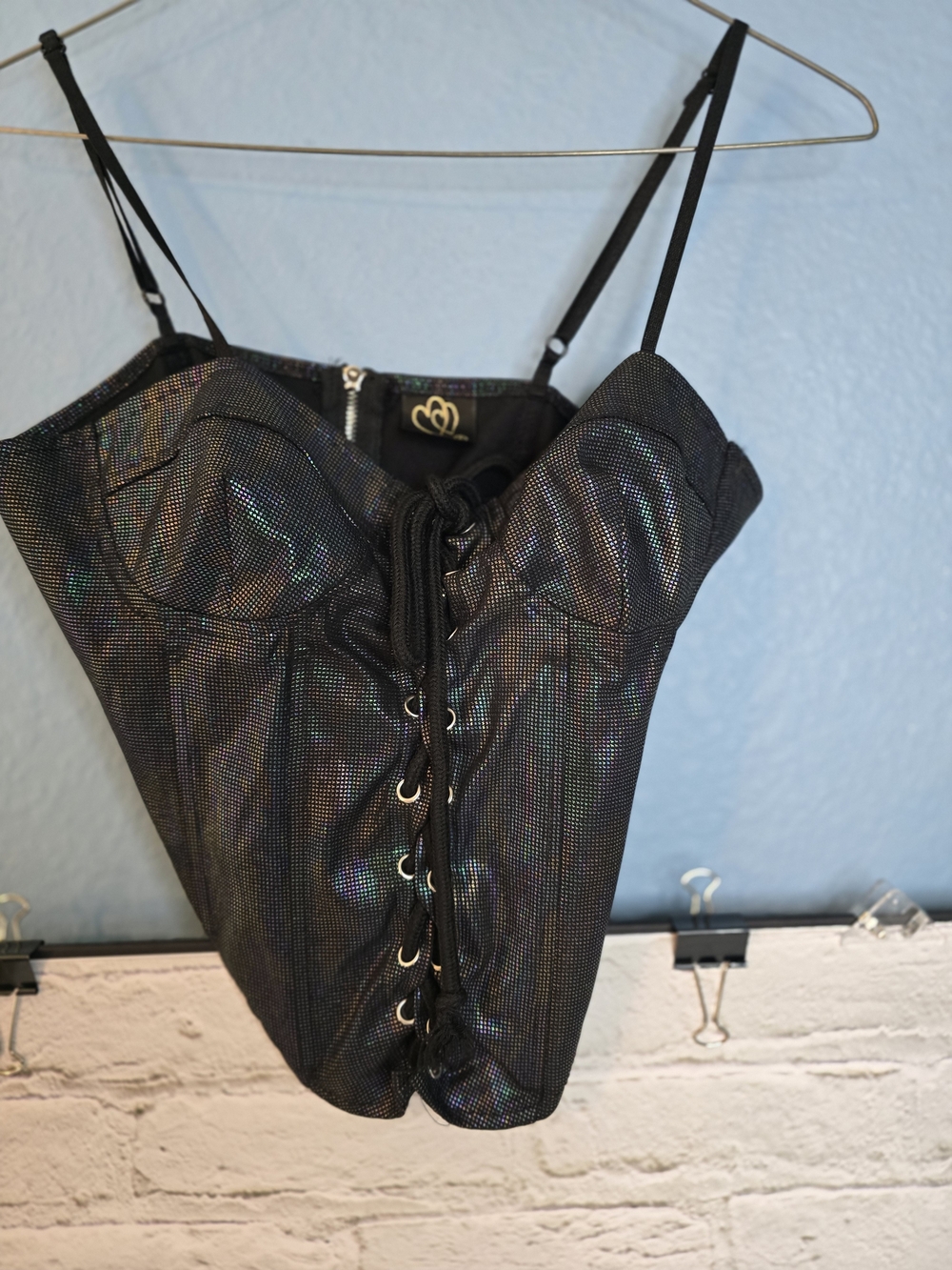 Black Iridescent Lace-Up Bustier Top